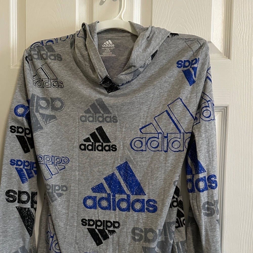 Adidas Boy’s Gray and Blue Graphic T-Shirt Hoodie Large 14/16 - Picture 3 of 4